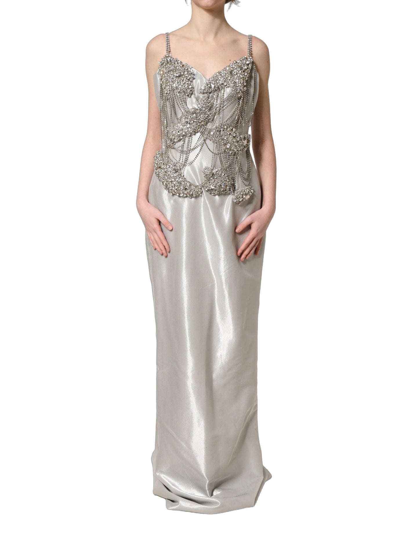 Silver Crystal Embellished EveningGown Dress