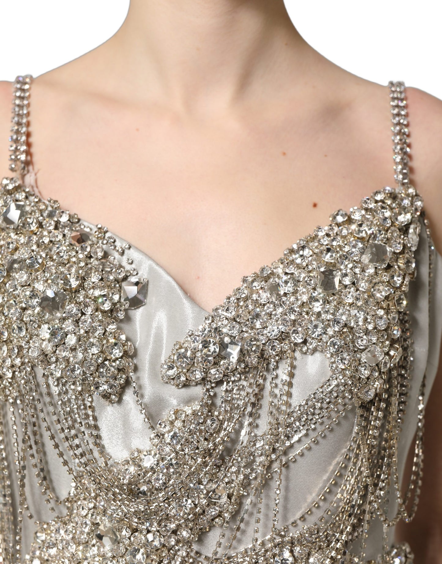 Silver Crystal Embellished EveningGown Dress