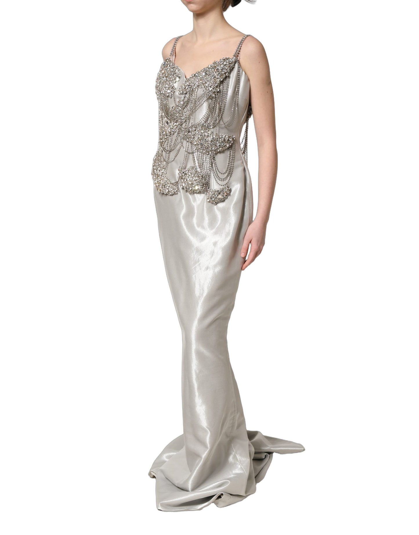 Silver Crystal Embellished EveningGown Dress