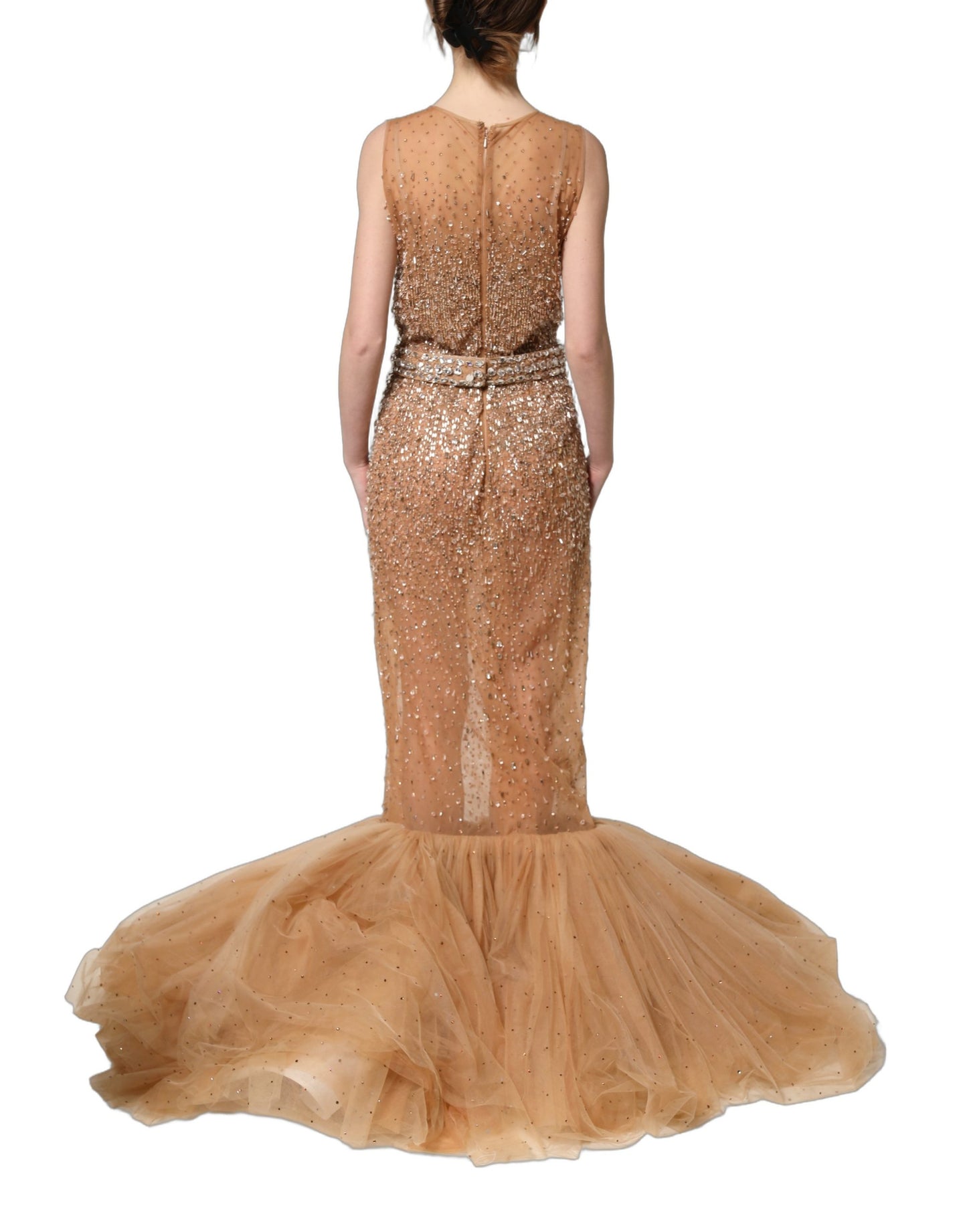 Brown Crystal Embellished Mermaid Gown Dress