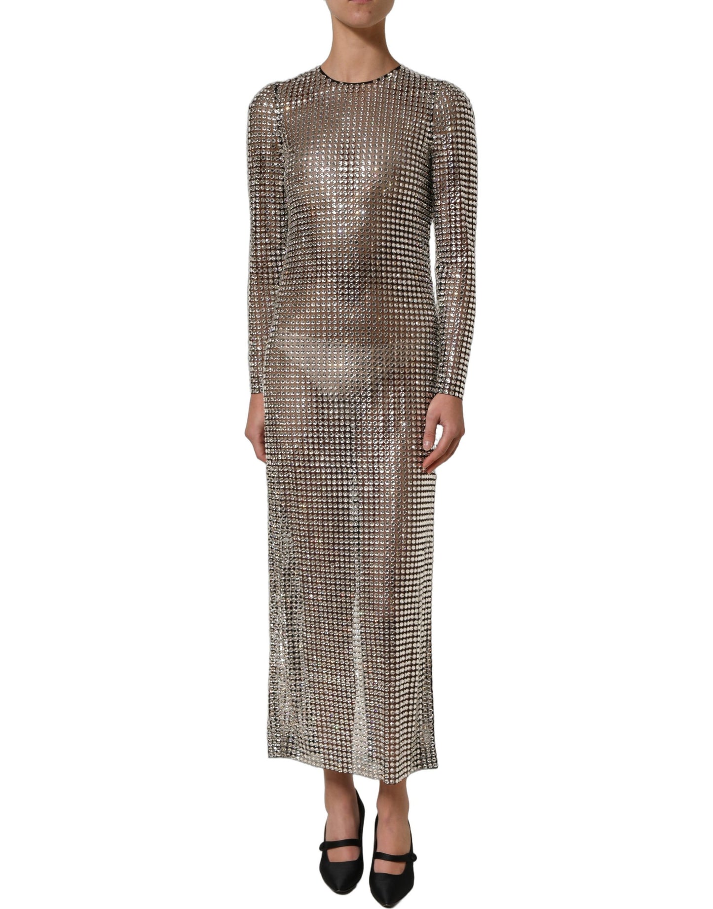 Beige Crystal Embellished Long Gown Dress