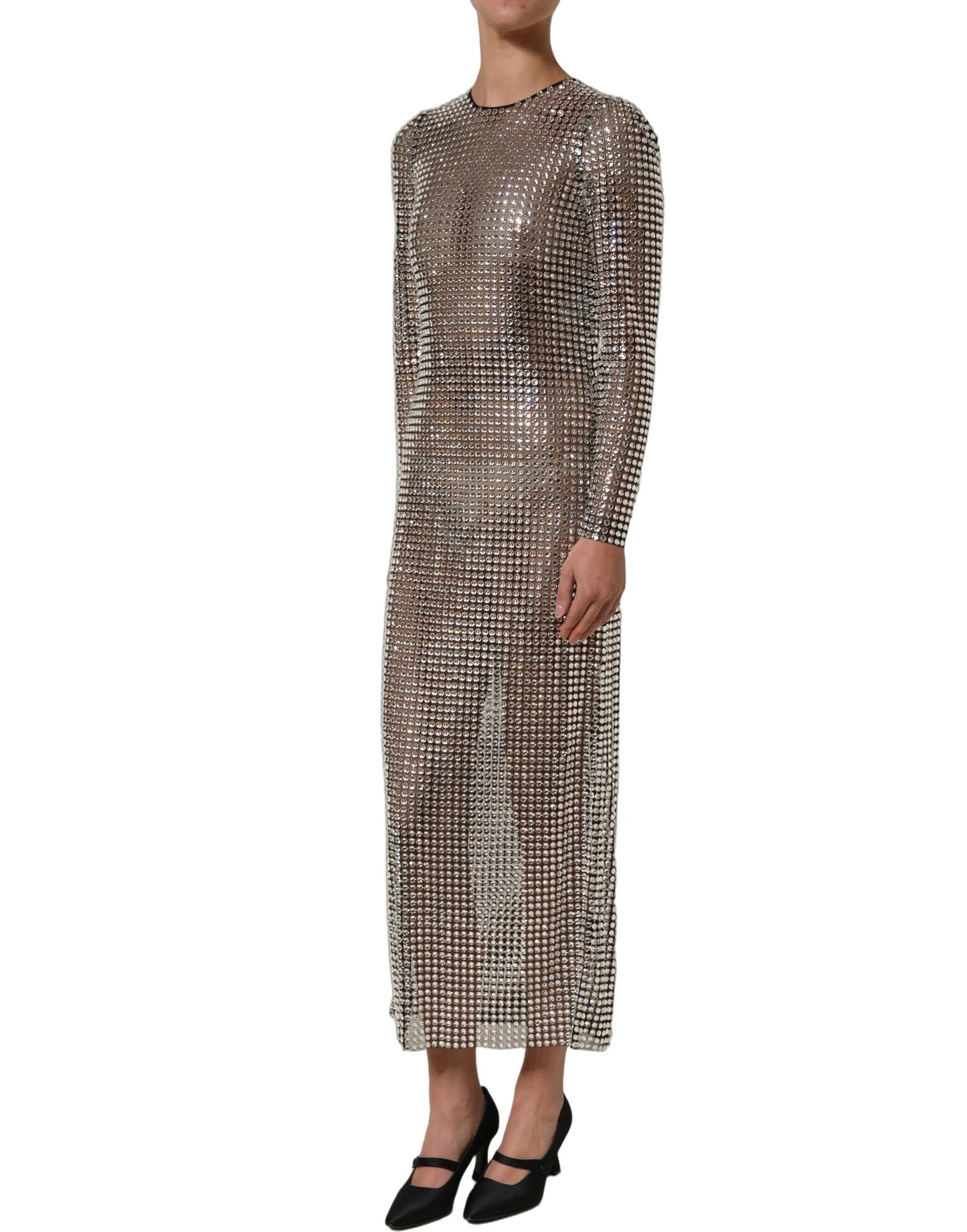 Beige Crystal Embellished Long Gown Dress